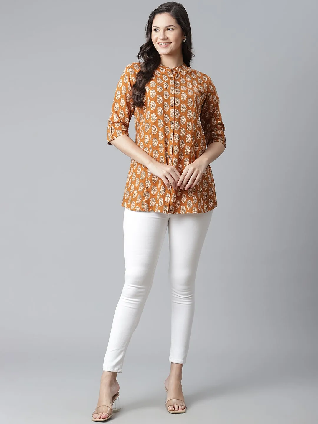 Women'S Mustard Rayon Printed Top