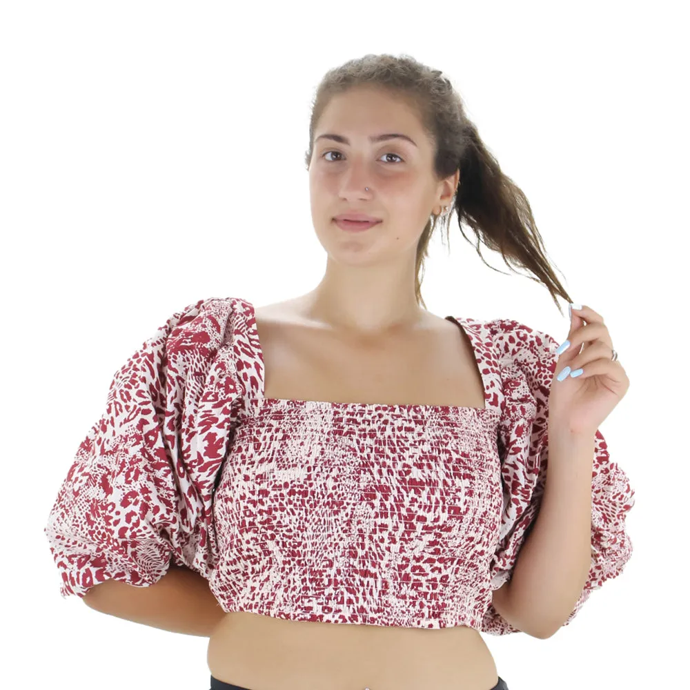 Women's Printed Puff Sleeve Crop Top,Burgundy