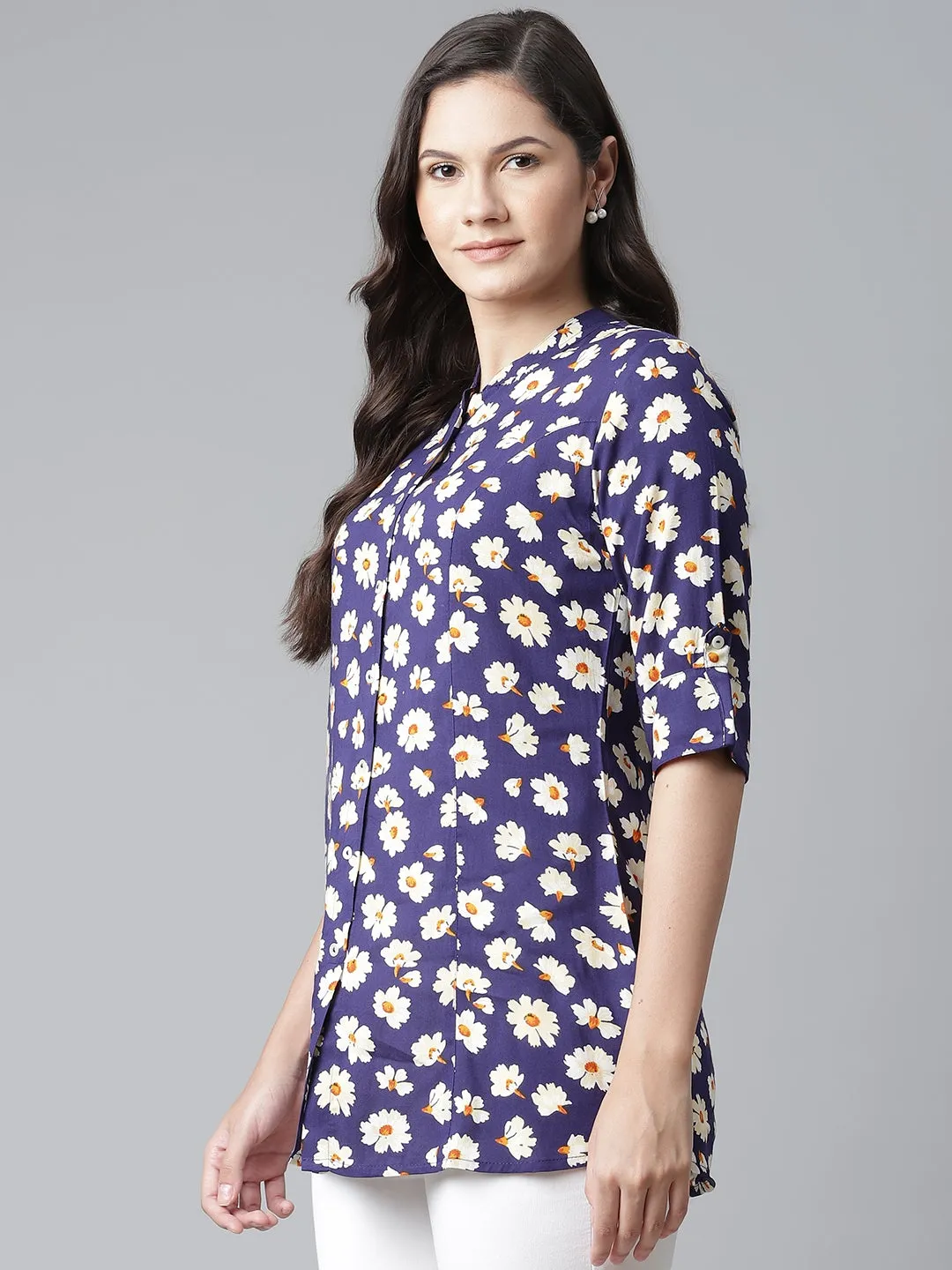 Women'S Rayon Dark Blue Floral Top