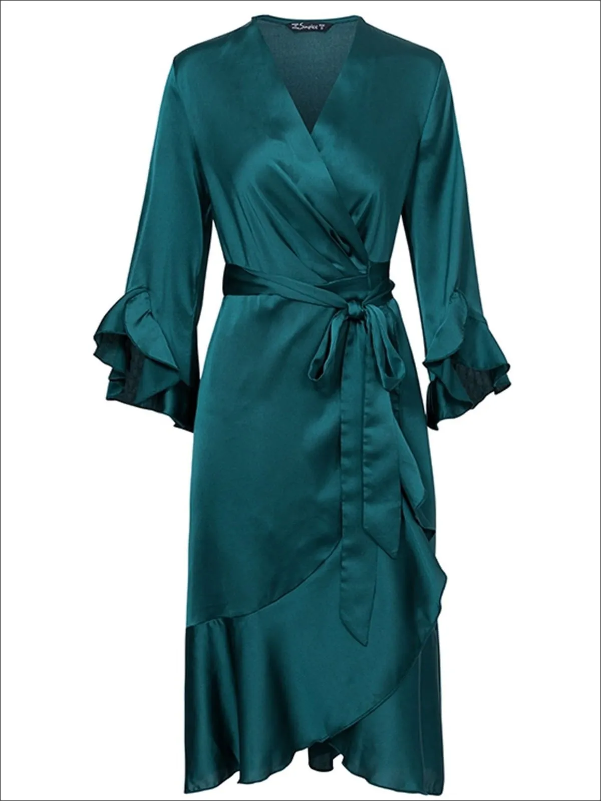 Women's Satin Flare Ruffled Sleeve Sash Wrap Dress