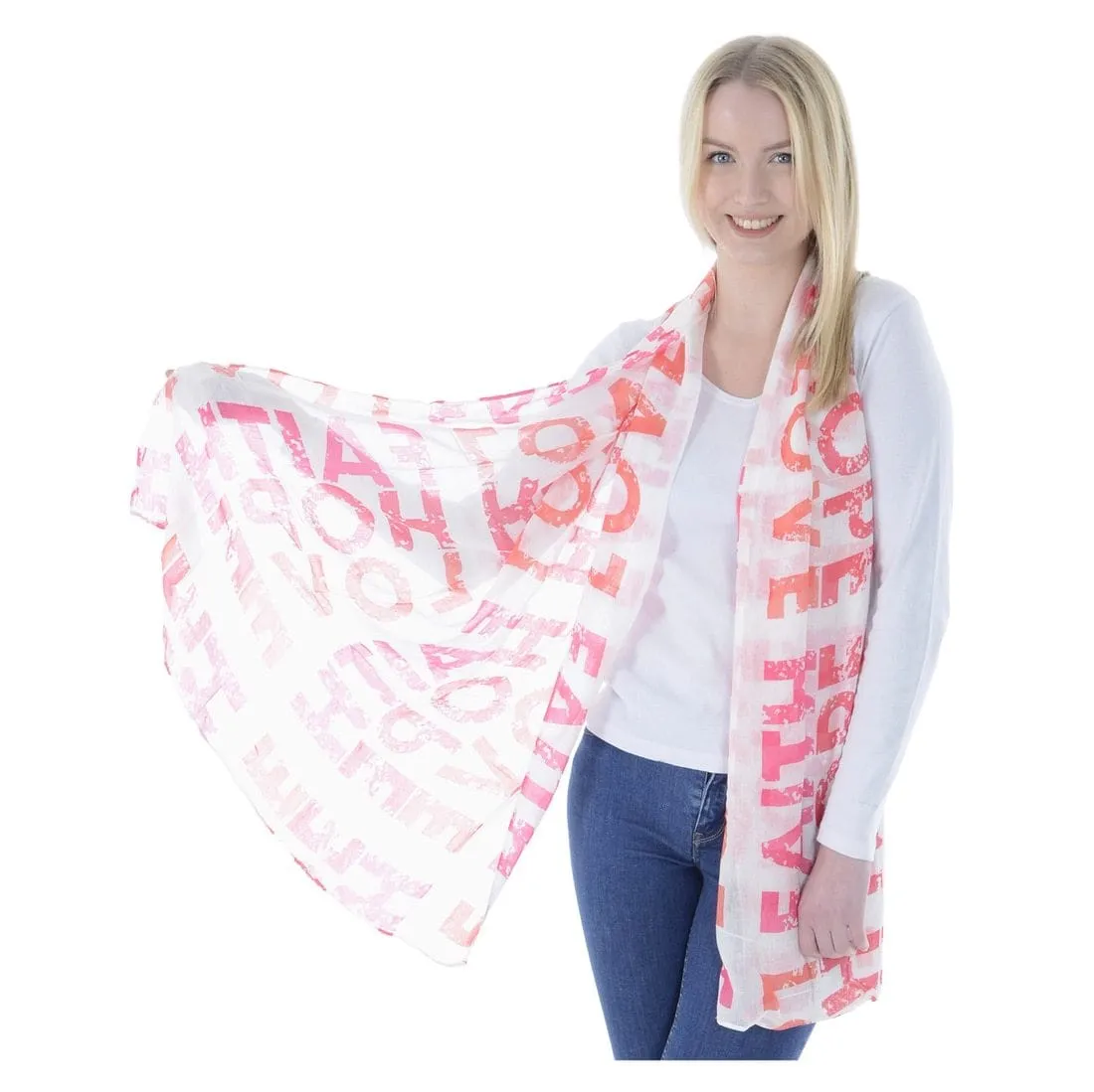 Womens Sheer Summer Scarf Pink Love Hope Faith Print