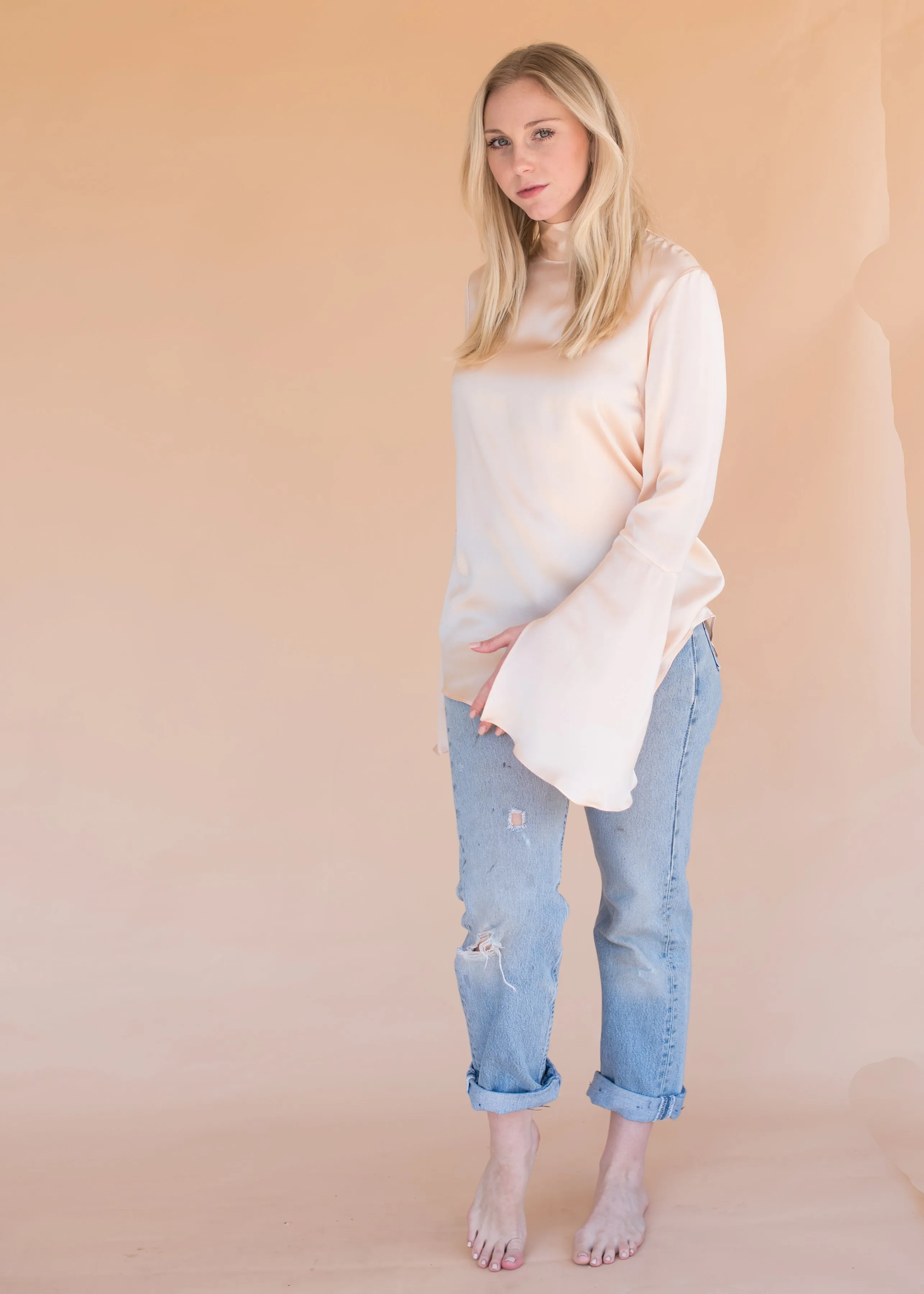 Women’s Silk Pink Blouse with Bell Sleeves and Buttons