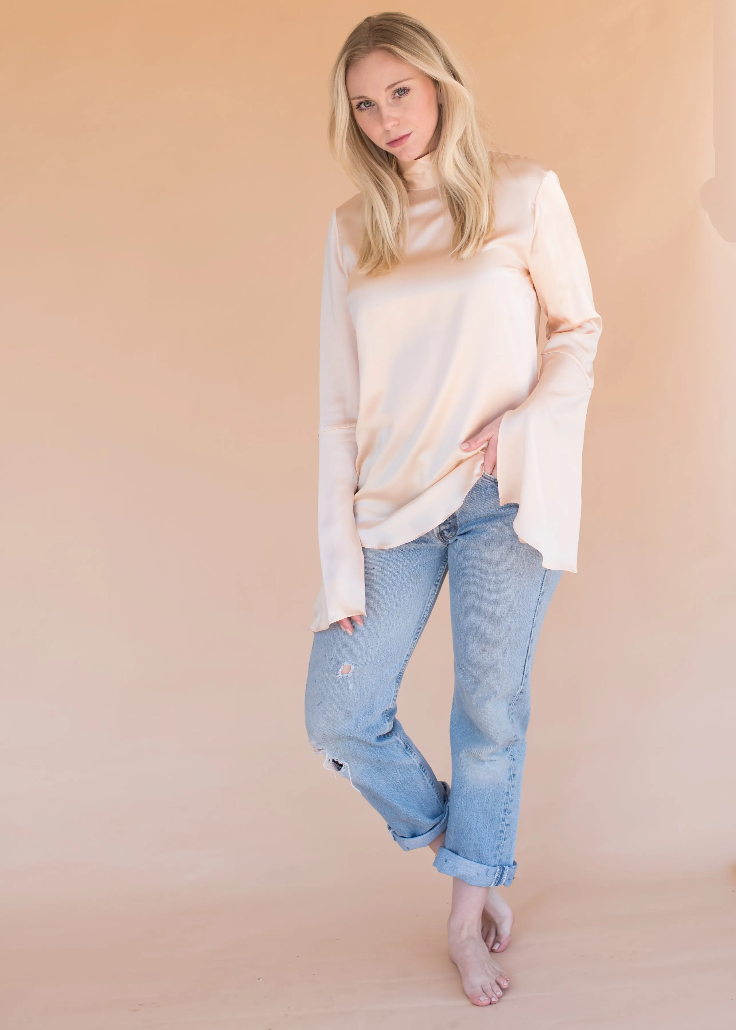 Women’s Silk Pink Blouse with Bell Sleeves and Buttons