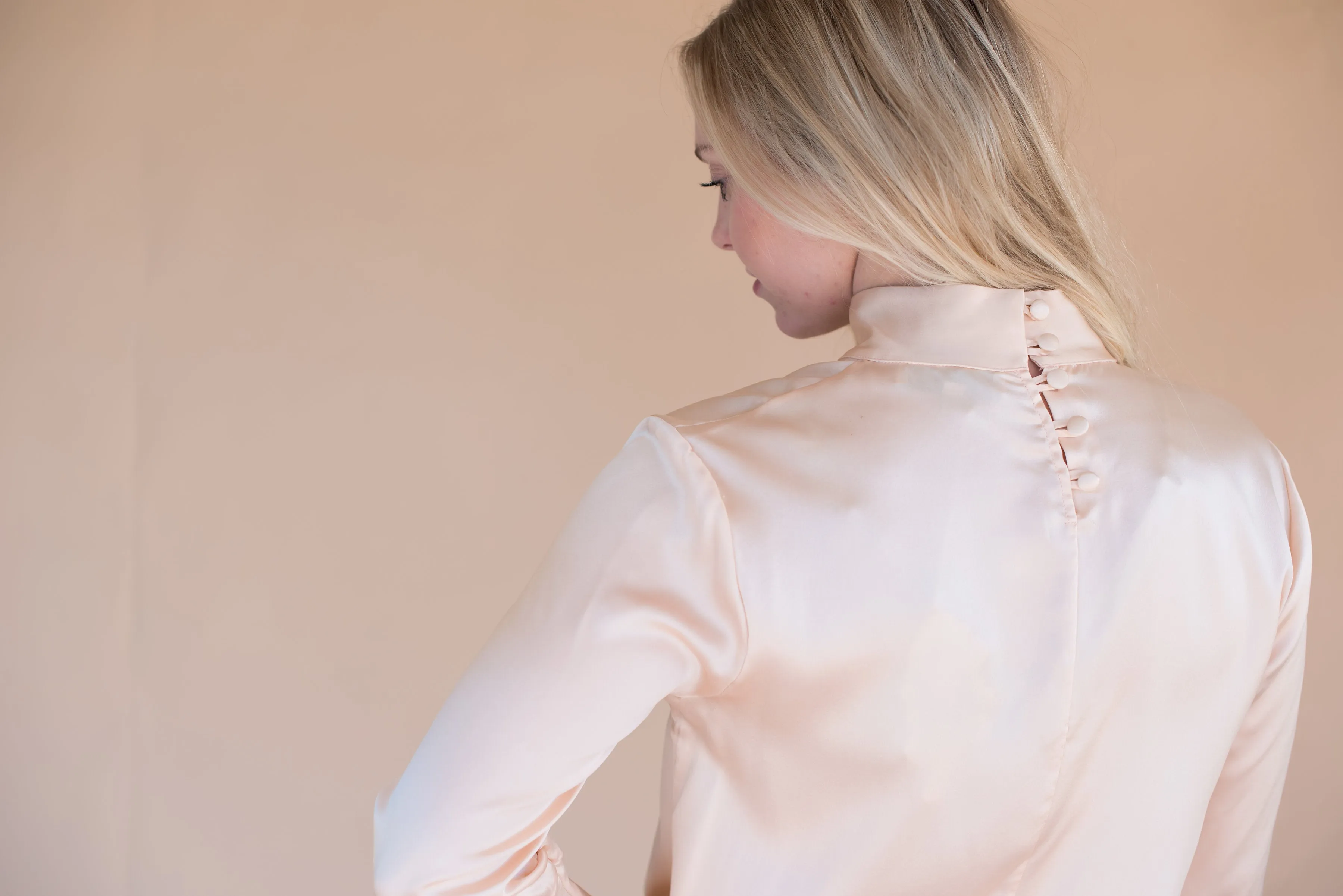 Women’s Silk Pink Blouse with Bell Sleeves and Buttons