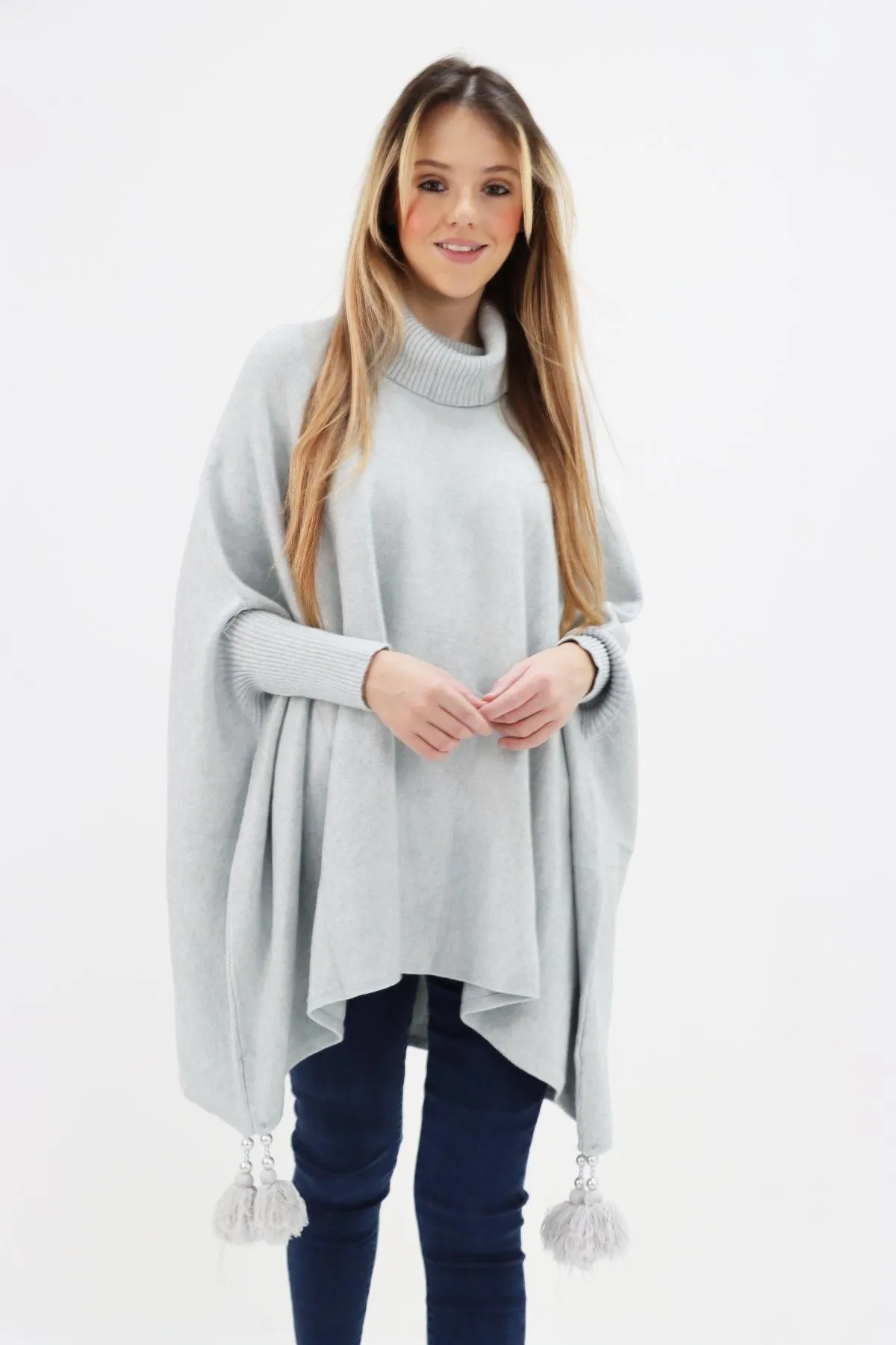 Womens Tassel Poncho Cowl Neck Ladies Knitwear Jumper Top