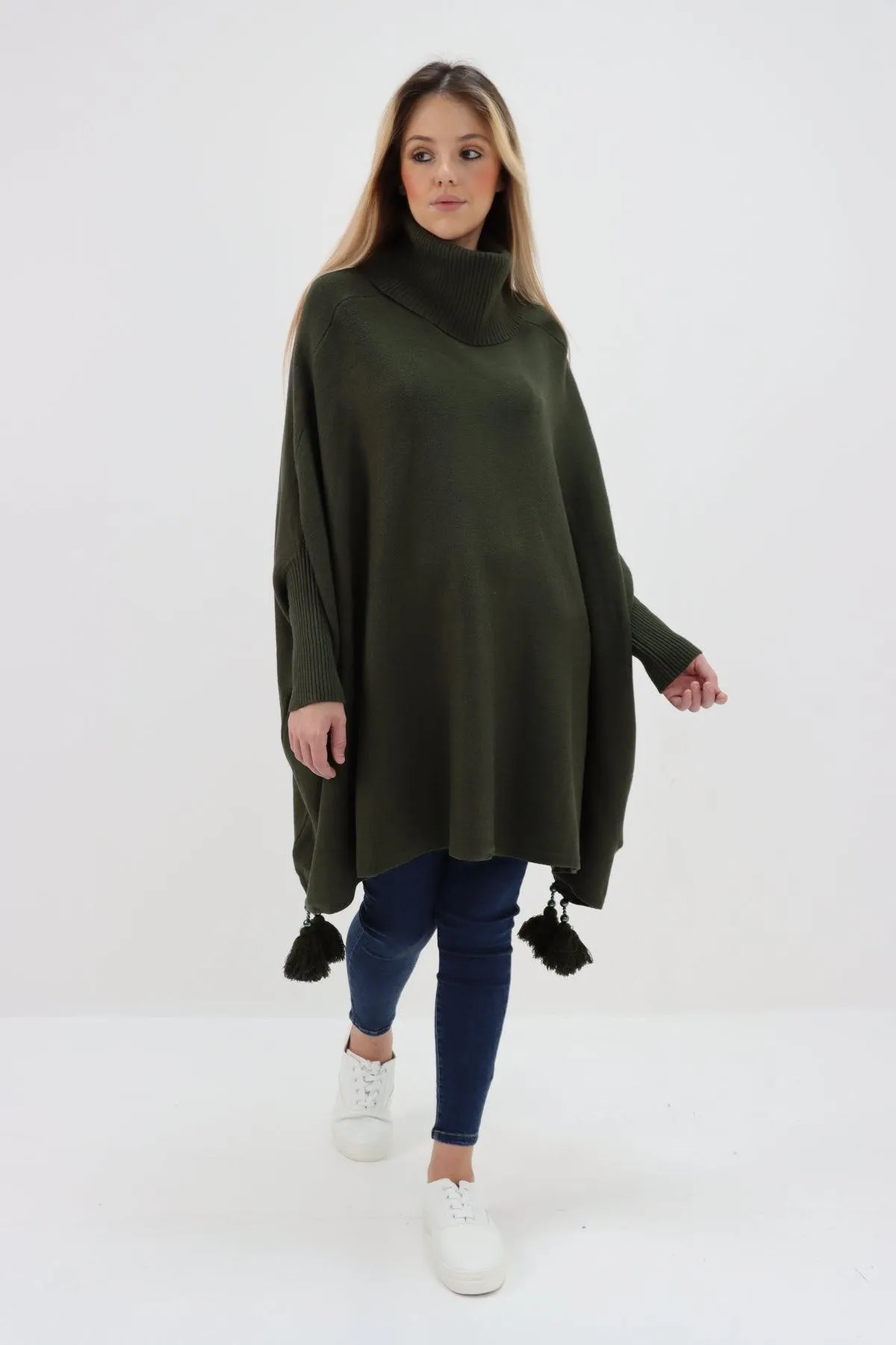 Womens Tassel Poncho Cowl Neck Ladies Knitwear Jumper Top