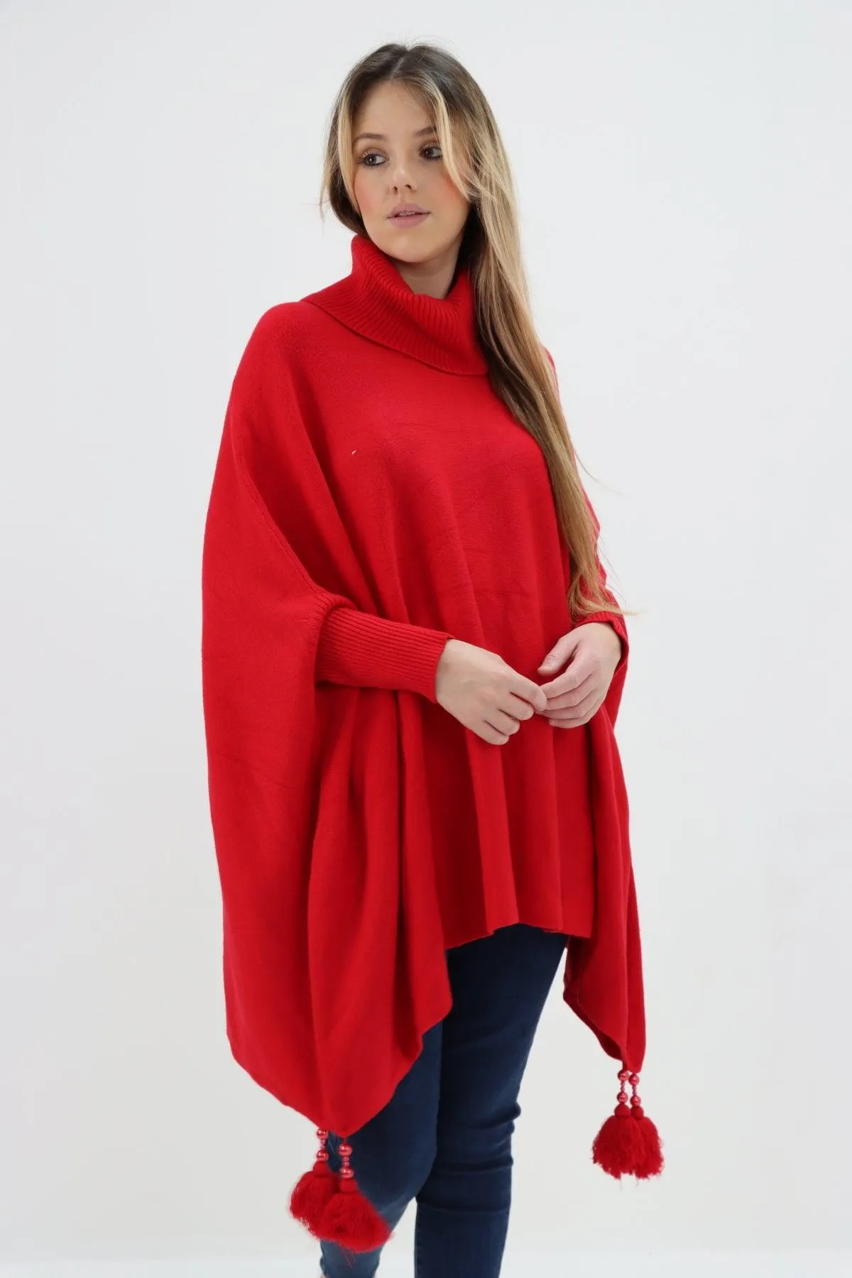 Womens Tassel Poncho Cowl Neck Ladies Knitwear Jumper Top