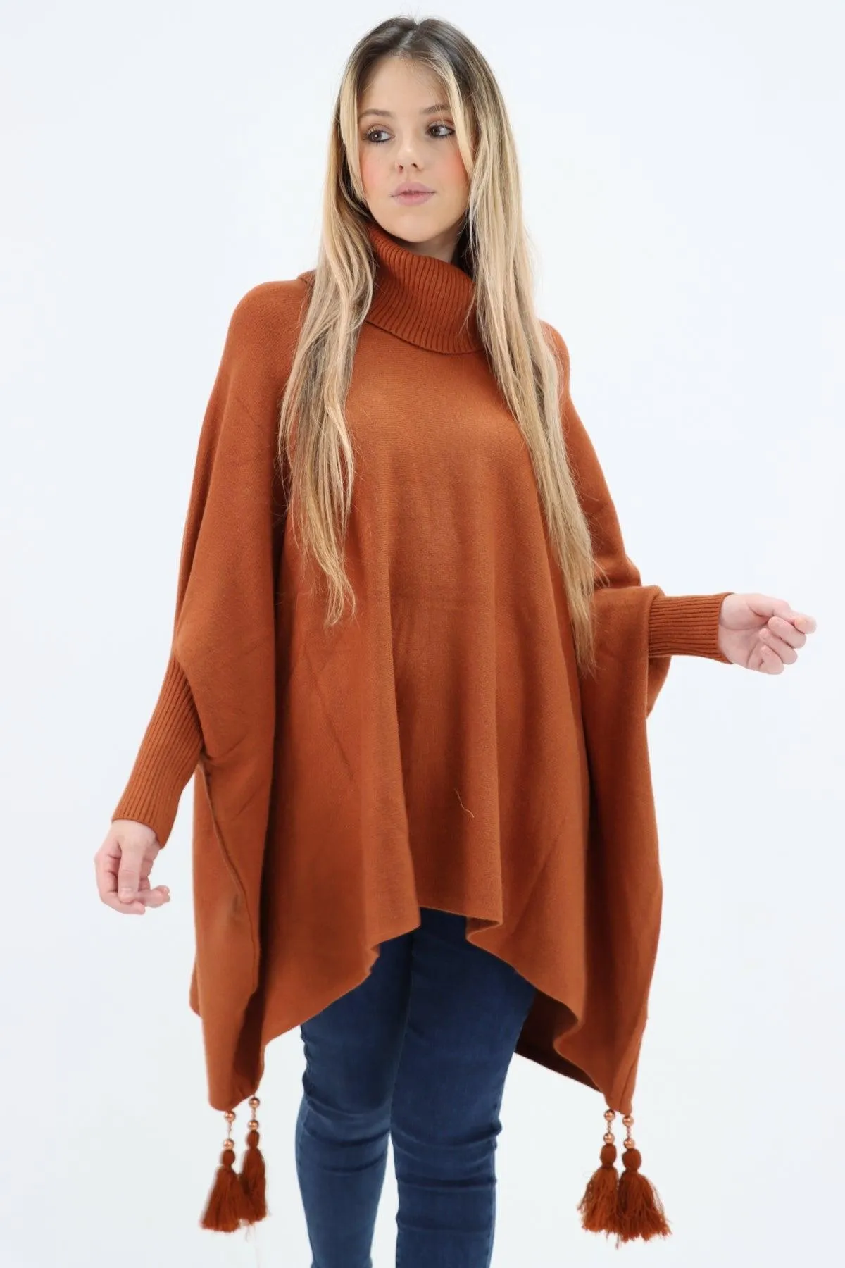 Womens Tassel Poncho Cowl Neck Ladies Knitwear Jumper Top