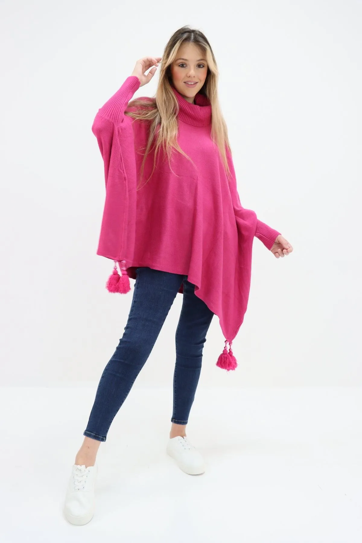 Womens Tassel Poncho Cowl Neck Ladies Knitwear Jumper Top