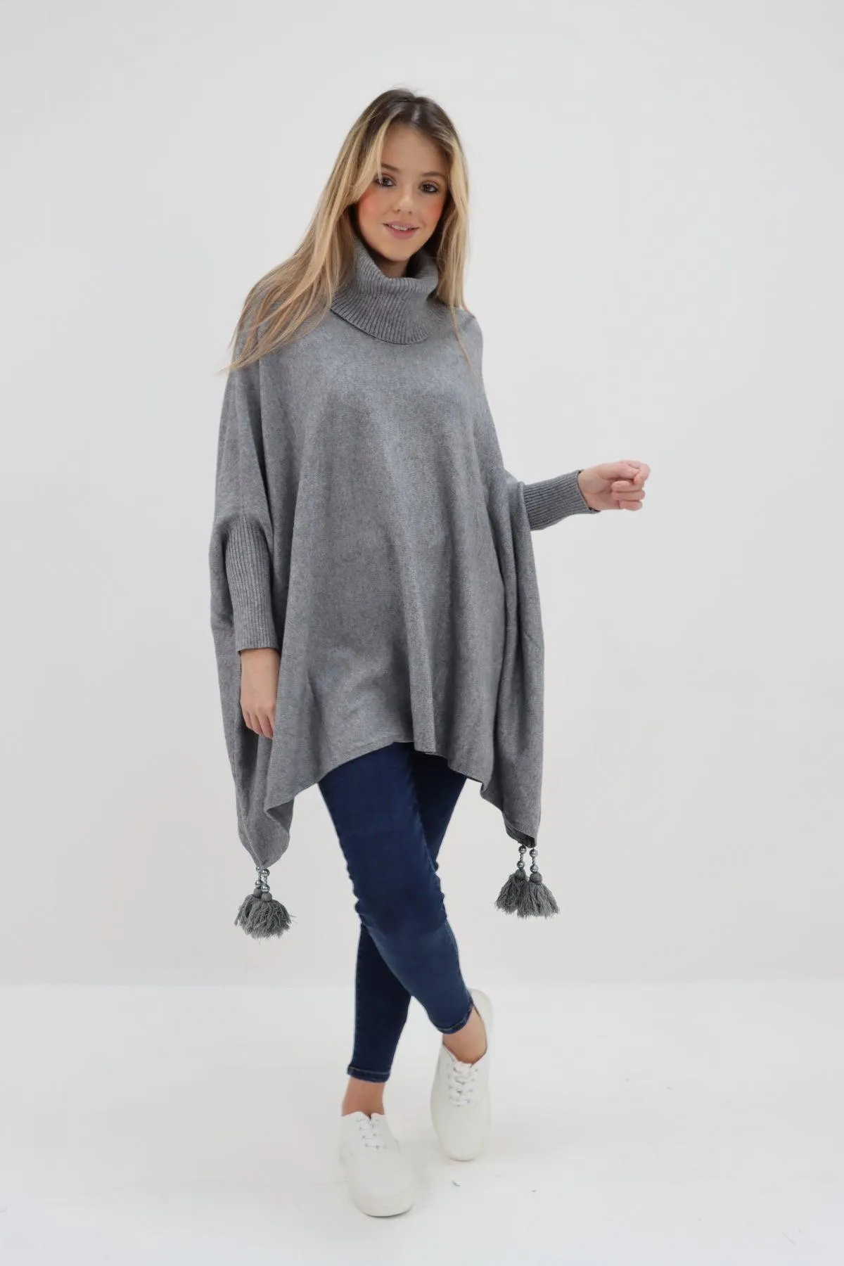 Womens Tassel Poncho Cowl Neck Ladies Knitwear Jumper Top