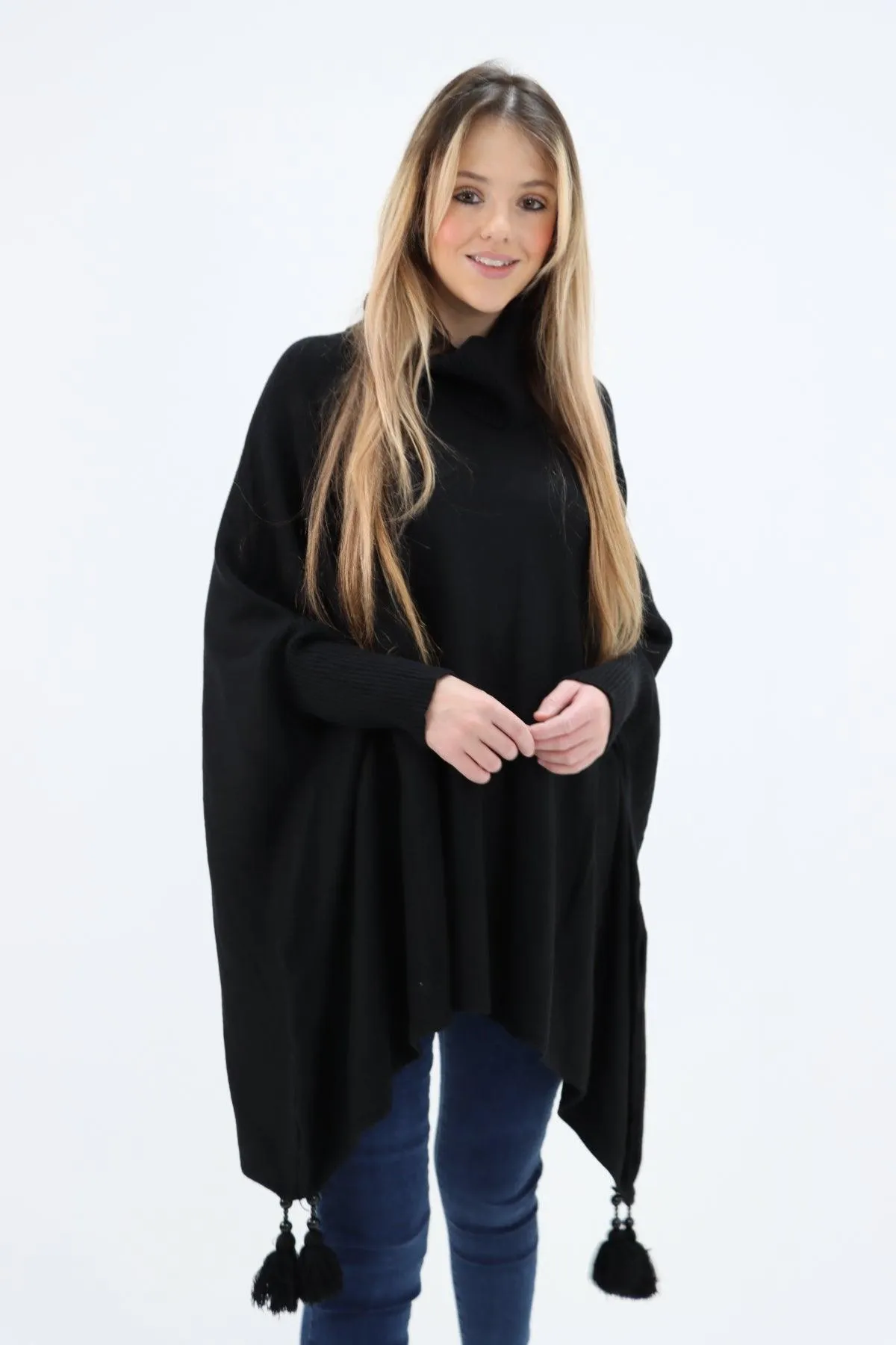 Womens Tassel Poncho Cowl Neck Ladies Knitwear Jumper Top