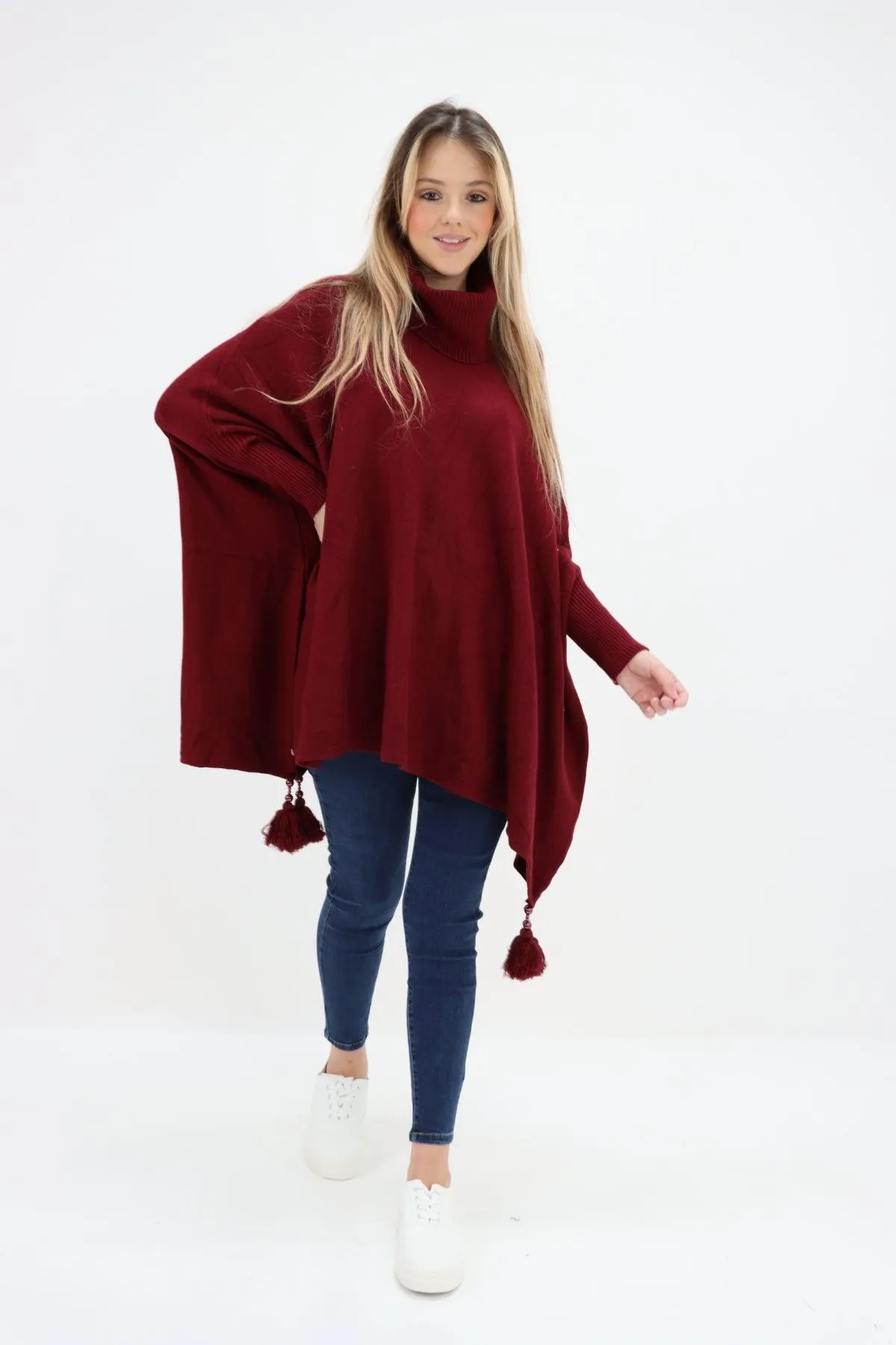 Womens Tassel Poncho Cowl Neck Ladies Knitwear Jumper Top