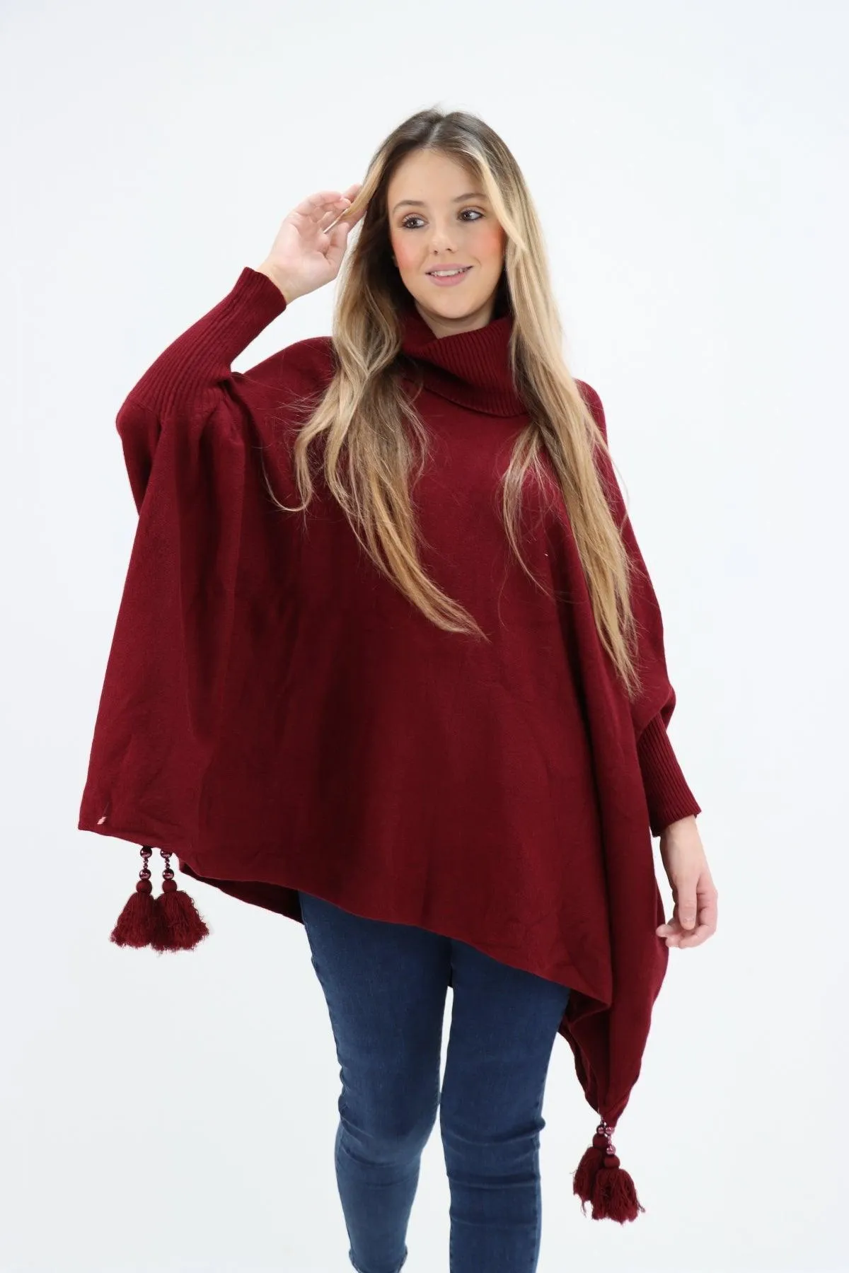 Womens Tassel Poncho Cowl Neck Ladies Knitwear Jumper Top