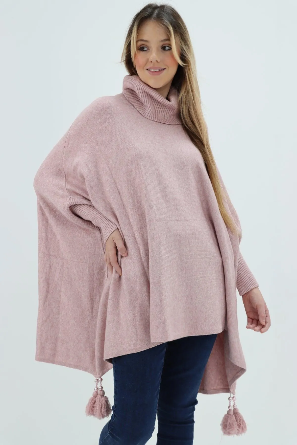 Womens Tassel Poncho Cowl Neck Ladies Knitwear Jumper Top