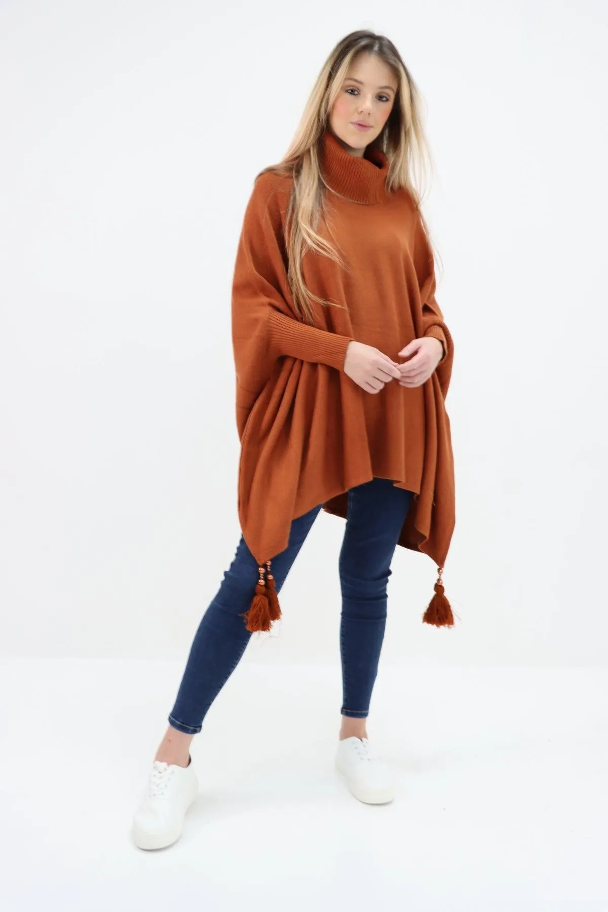 Womens Tassel Poncho Cowl Neck Ladies Knitwear Jumper Top