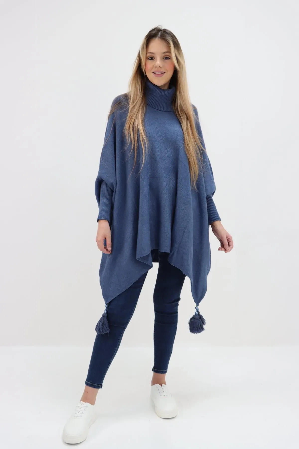 Womens Tassel Poncho Cowl Neck Ladies Knitwear Jumper Top