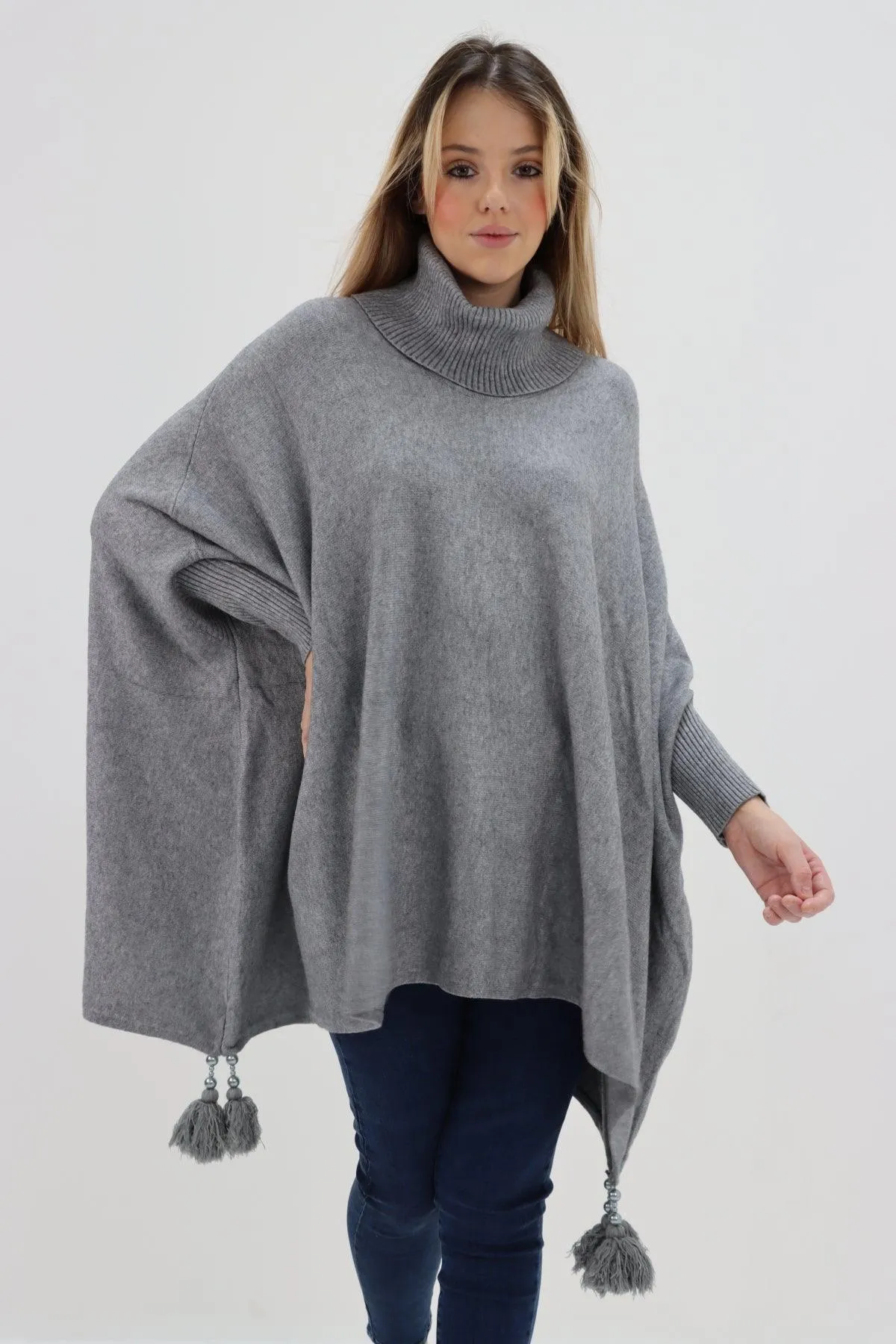 Womens Tassel Poncho Cowl Neck Ladies Knitwear Jumper Top