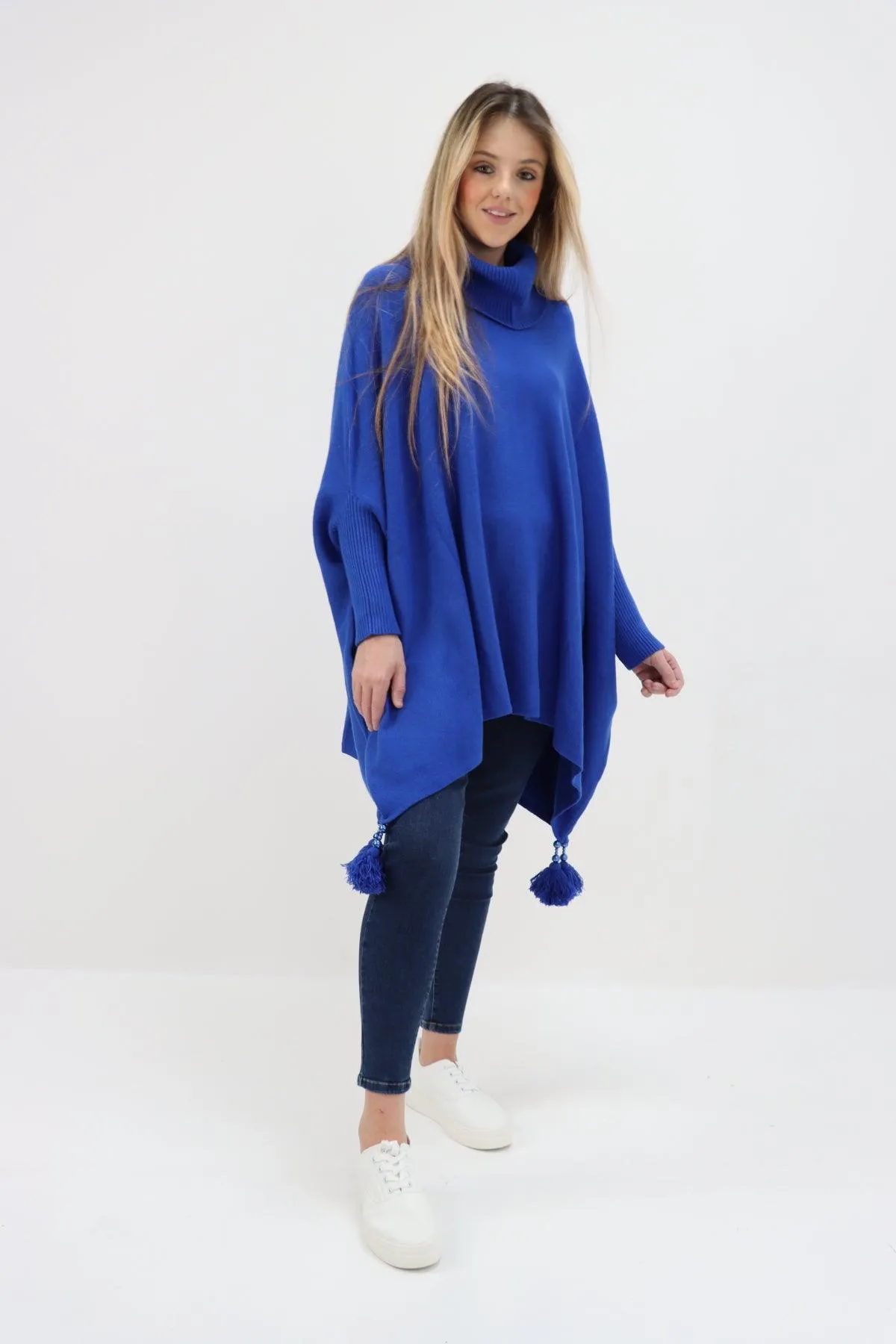 Womens Tassel Poncho Cowl Neck Ladies Knitwear Jumper Top