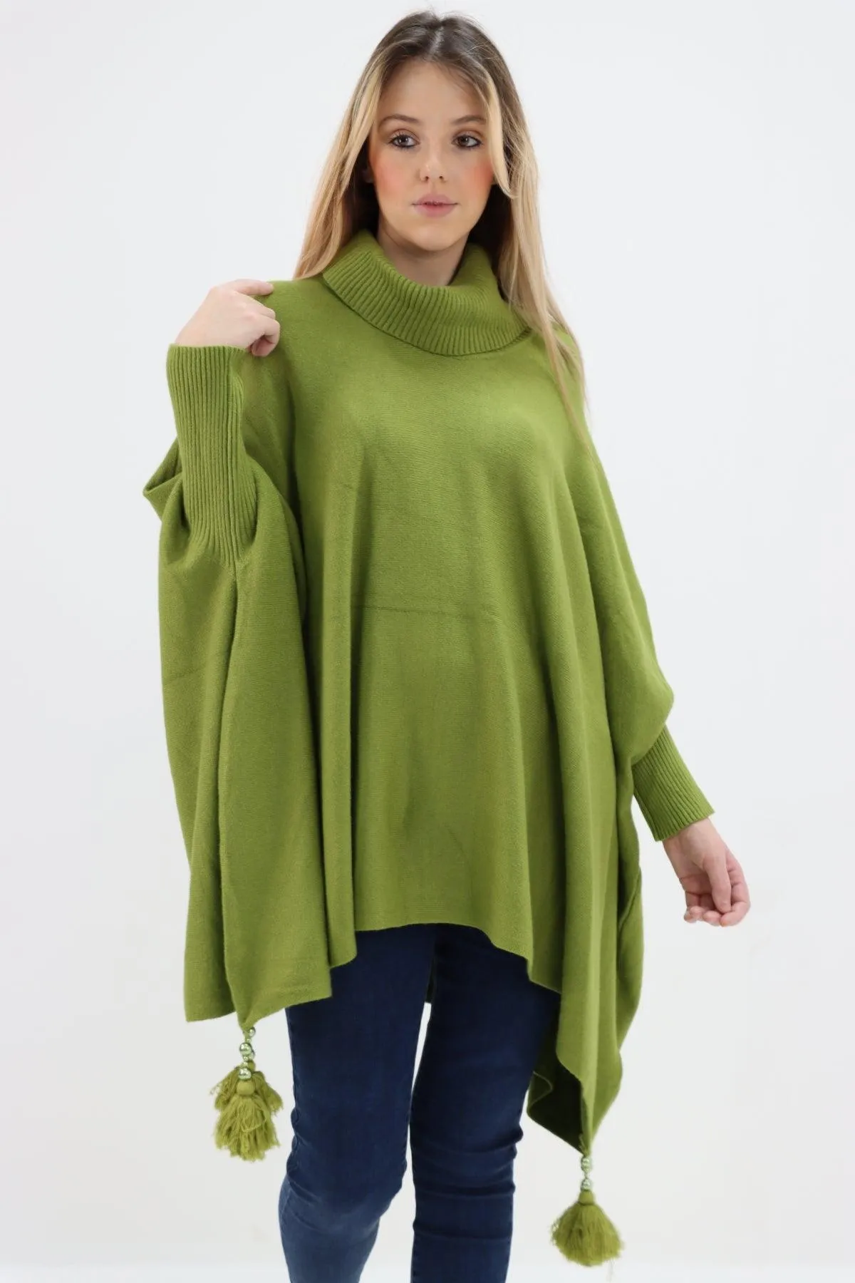 Womens Tassel Poncho Cowl Neck Ladies Knitwear Jumper Top