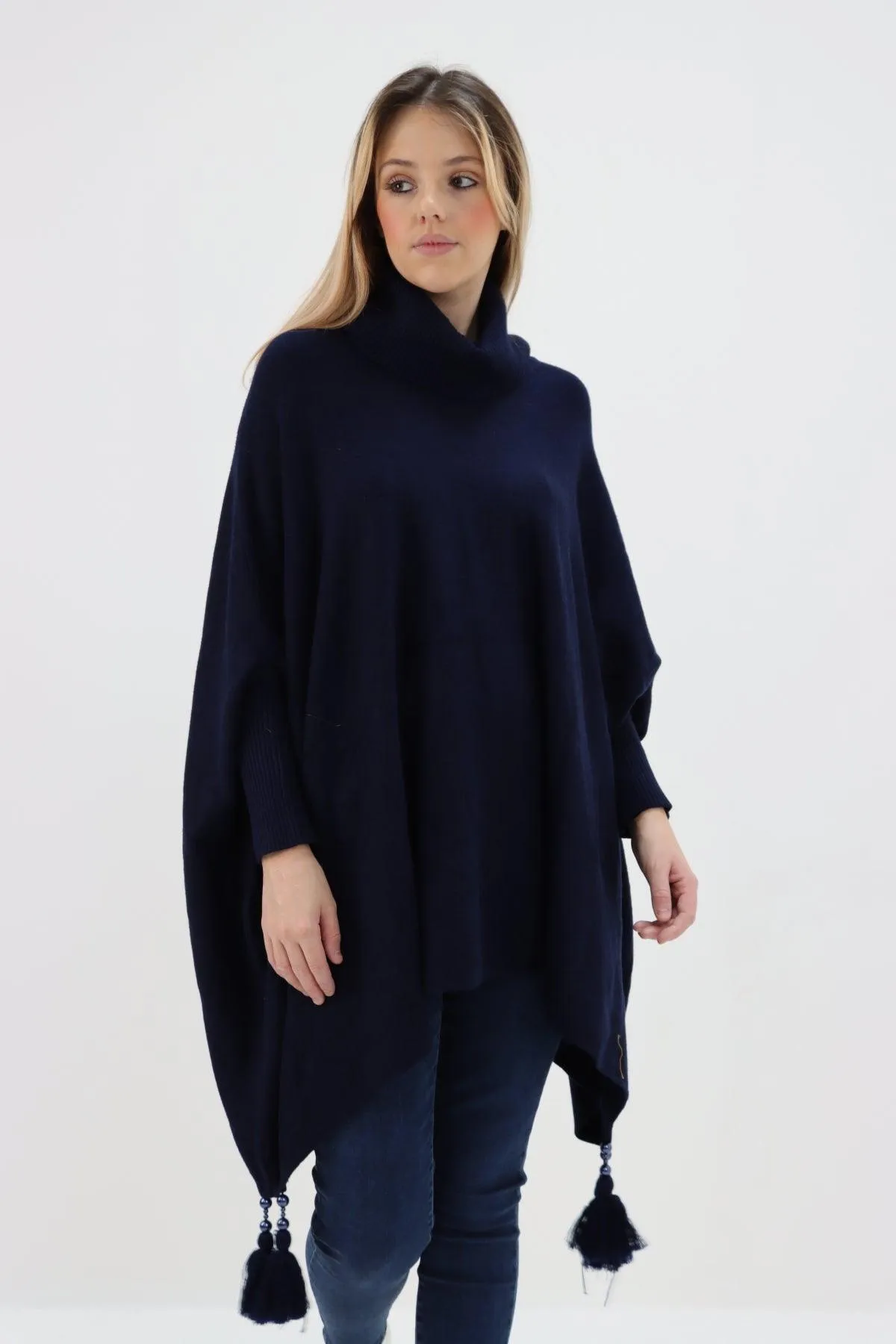 Womens Tassel Poncho Cowl Neck Ladies Knitwear Jumper Top