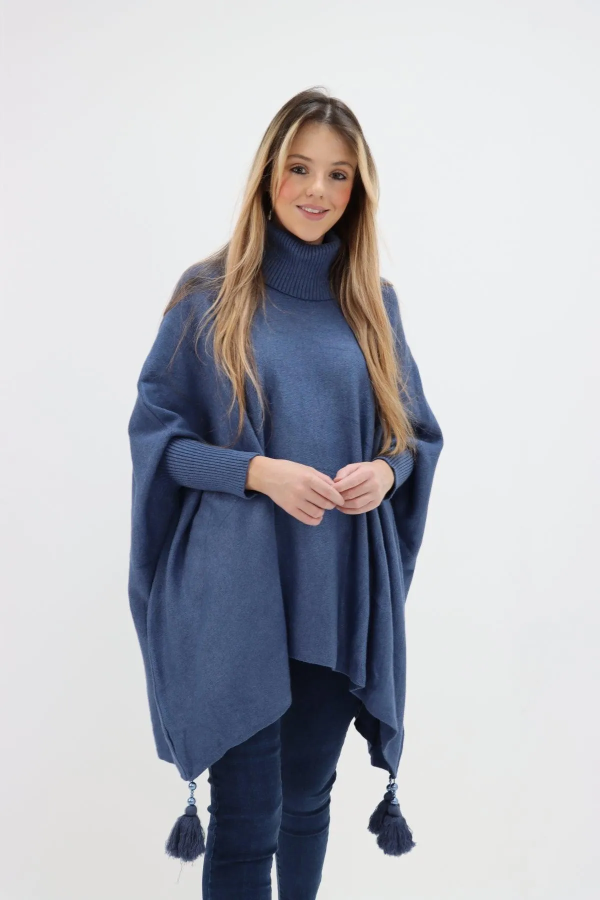 Womens Tassel Poncho Cowl Neck Ladies Knitwear Jumper Top