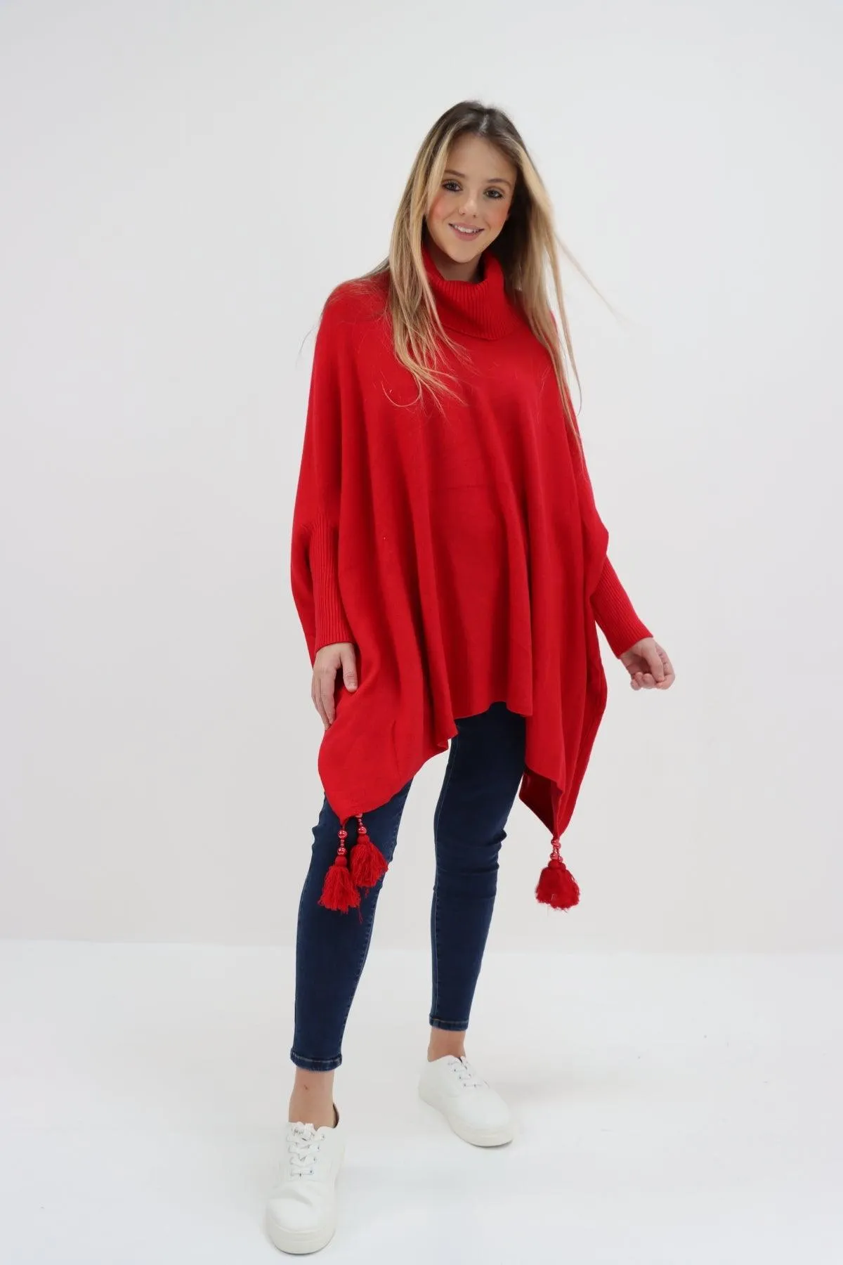 Womens Tassel Poncho Cowl Neck Ladies Knitwear Jumper Top