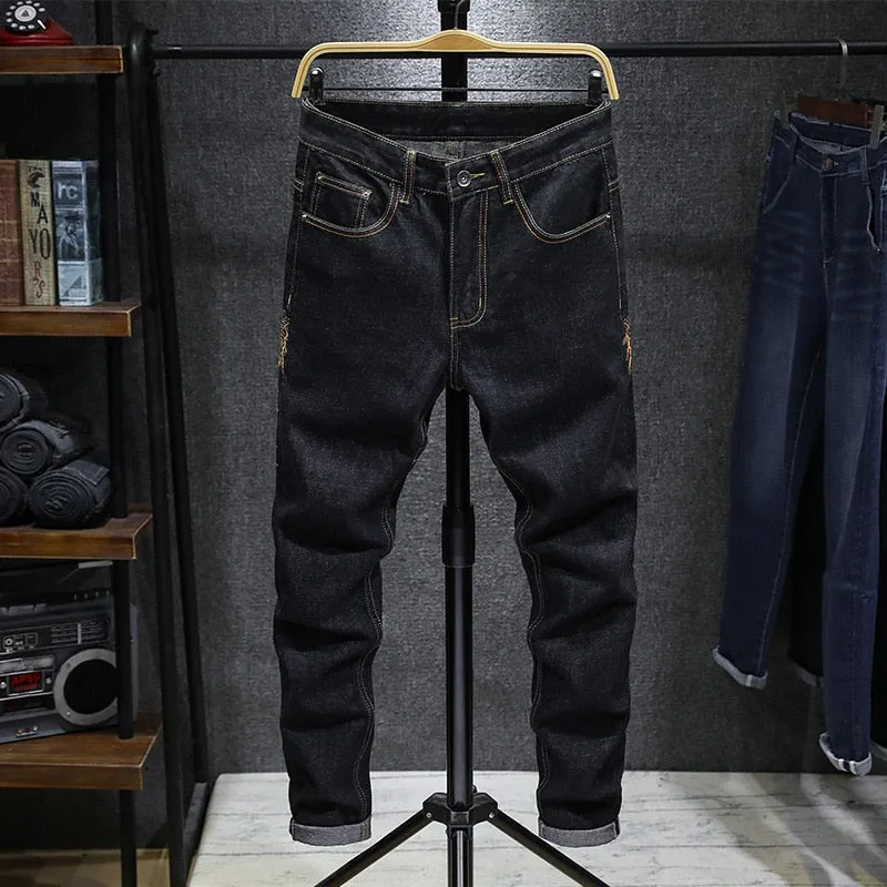 Yellow Carp Embroidery Men Dark Straight Jeans