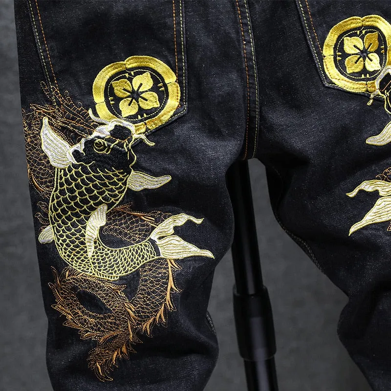 Yellow Carp Embroidery Men Dark Straight Jeans