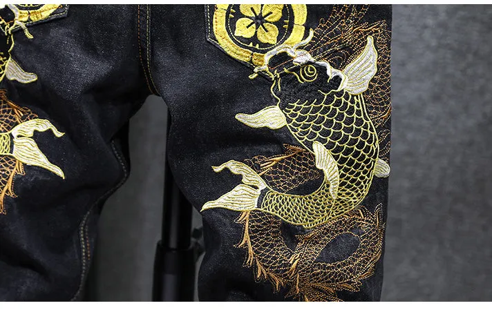 Yellow Carp Embroidery Men Dark Straight Jeans