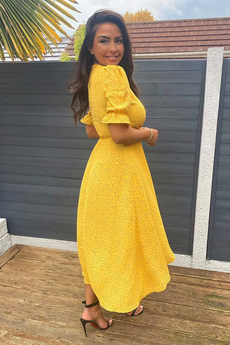 Yellow Polka Dot Wrap Midi Dress