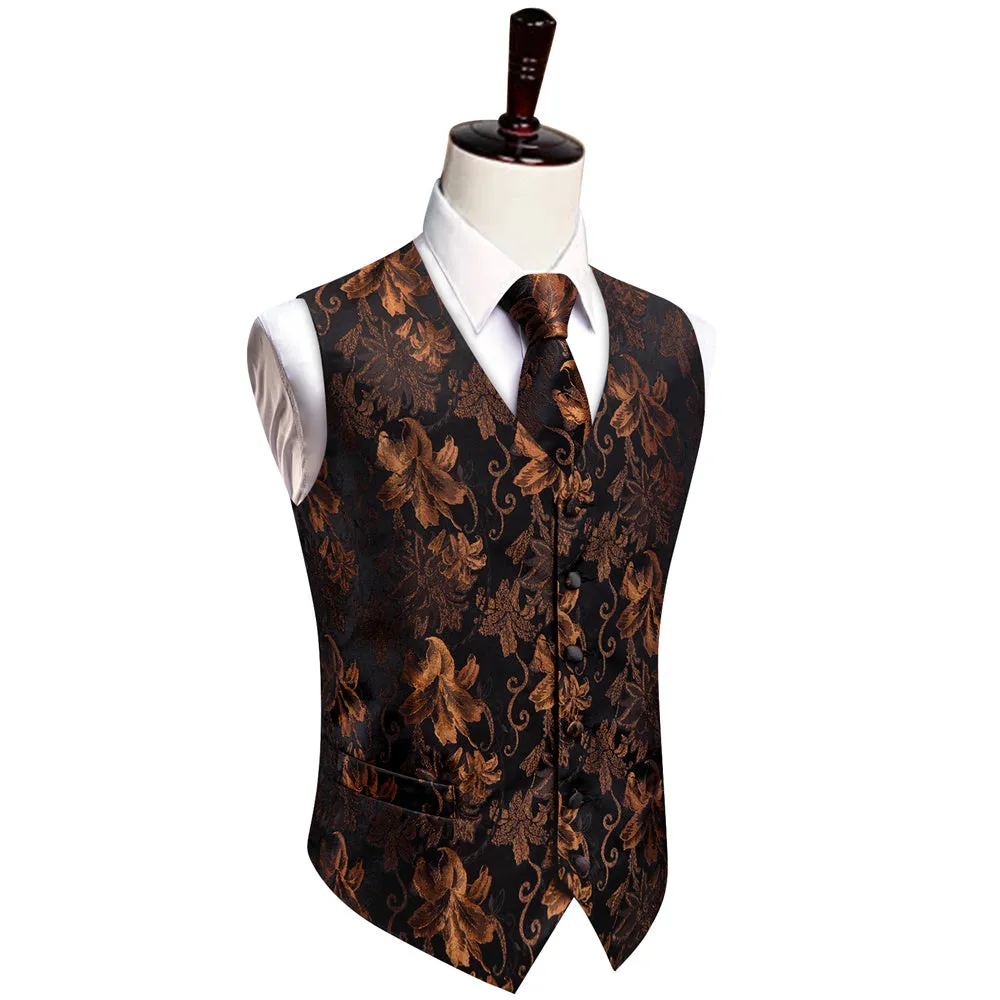 YourTies Black Brown V-Neck Waistcoat Mens Floral Vest Necktie Set