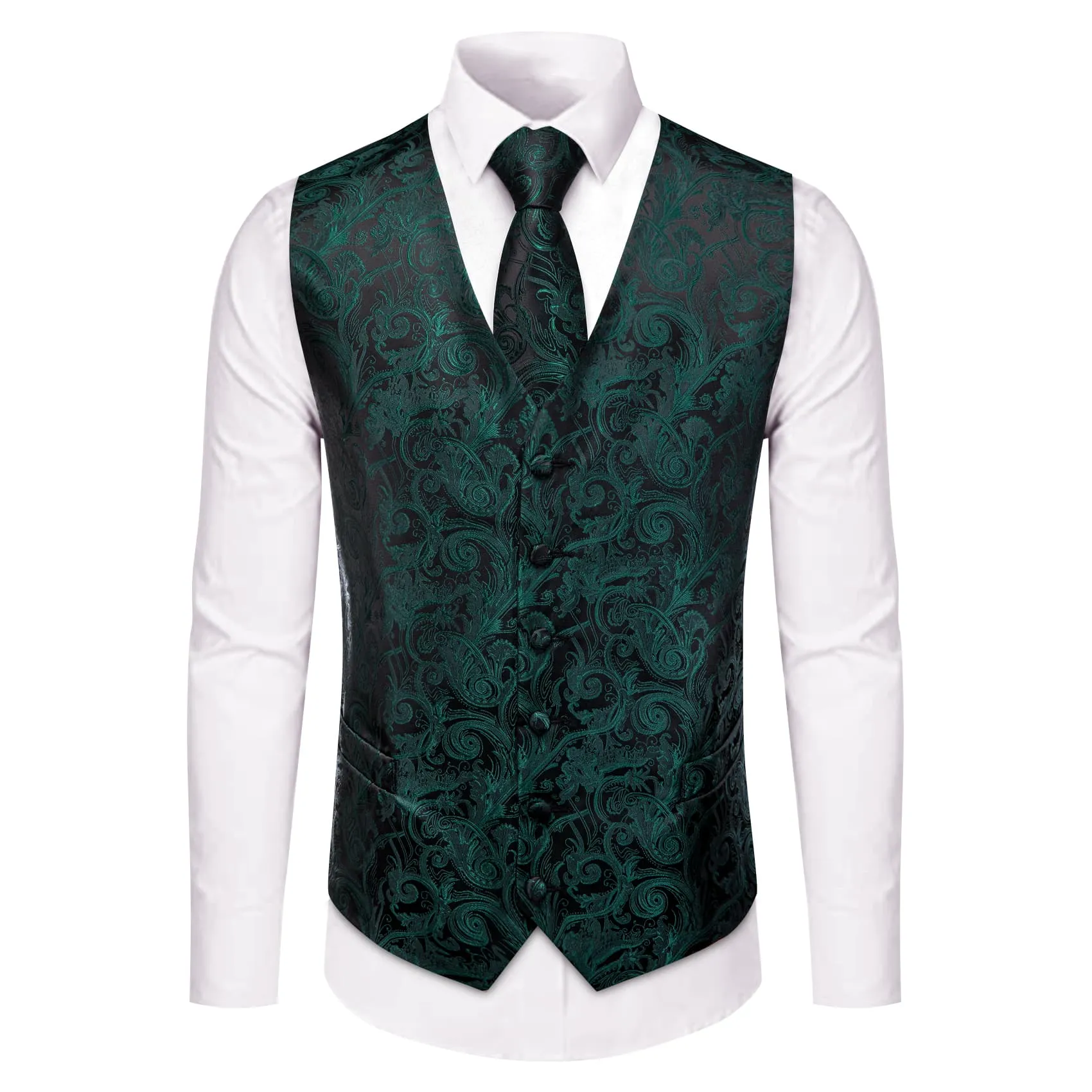 YourTies Sleeveless Wedding Waistcoat Paisley Dark Green Vest Tie Set