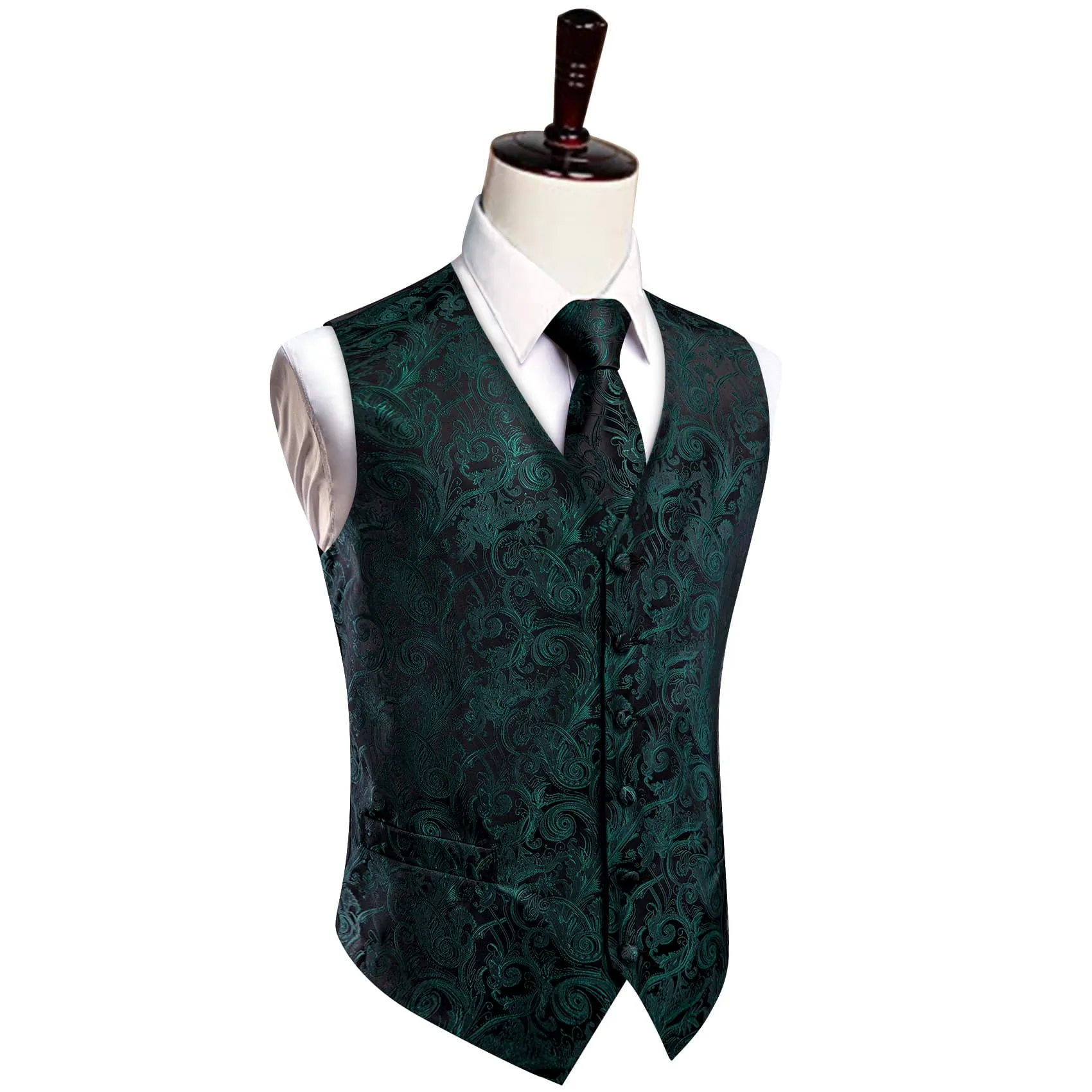 YourTies Sleeveless Wedding Waistcoat Paisley Dark Green Vest Tie Set