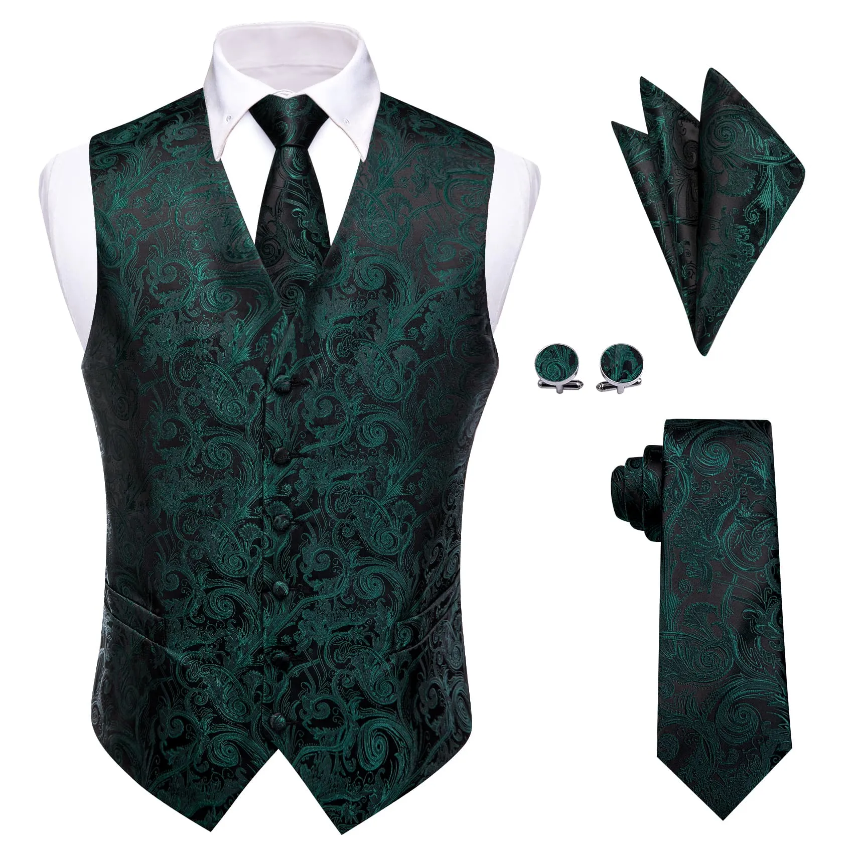 YourTies Sleeveless Wedding Waistcoat Paisley Dark Green Vest Tie Set