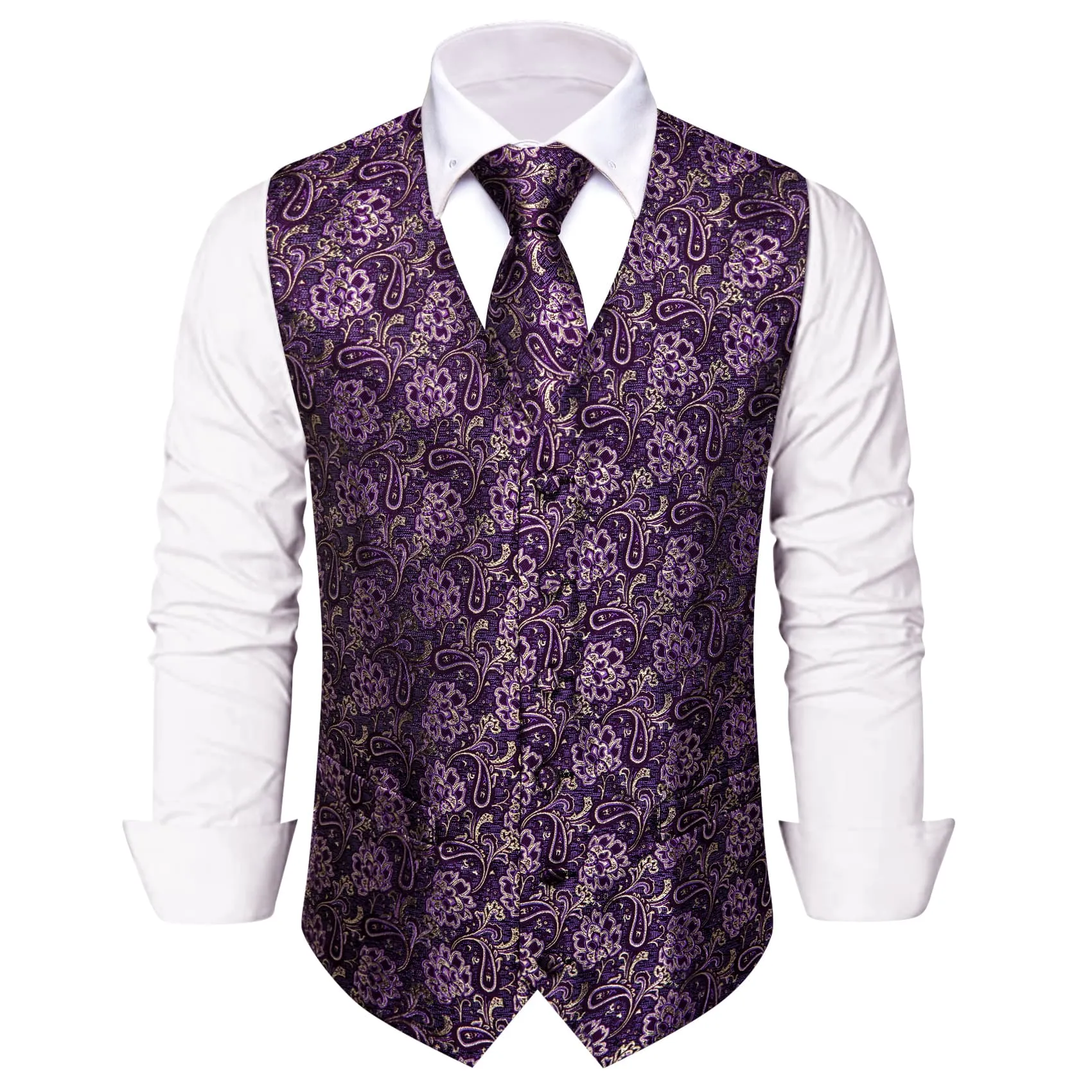 YourTies V-Neck Waistcoat Purple Beige Paisley Men's Vest Necktie Set