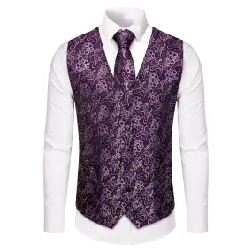 YourTies V-Neck Waistcoat Purple Beige Paisley Men's Vest Necktie Set