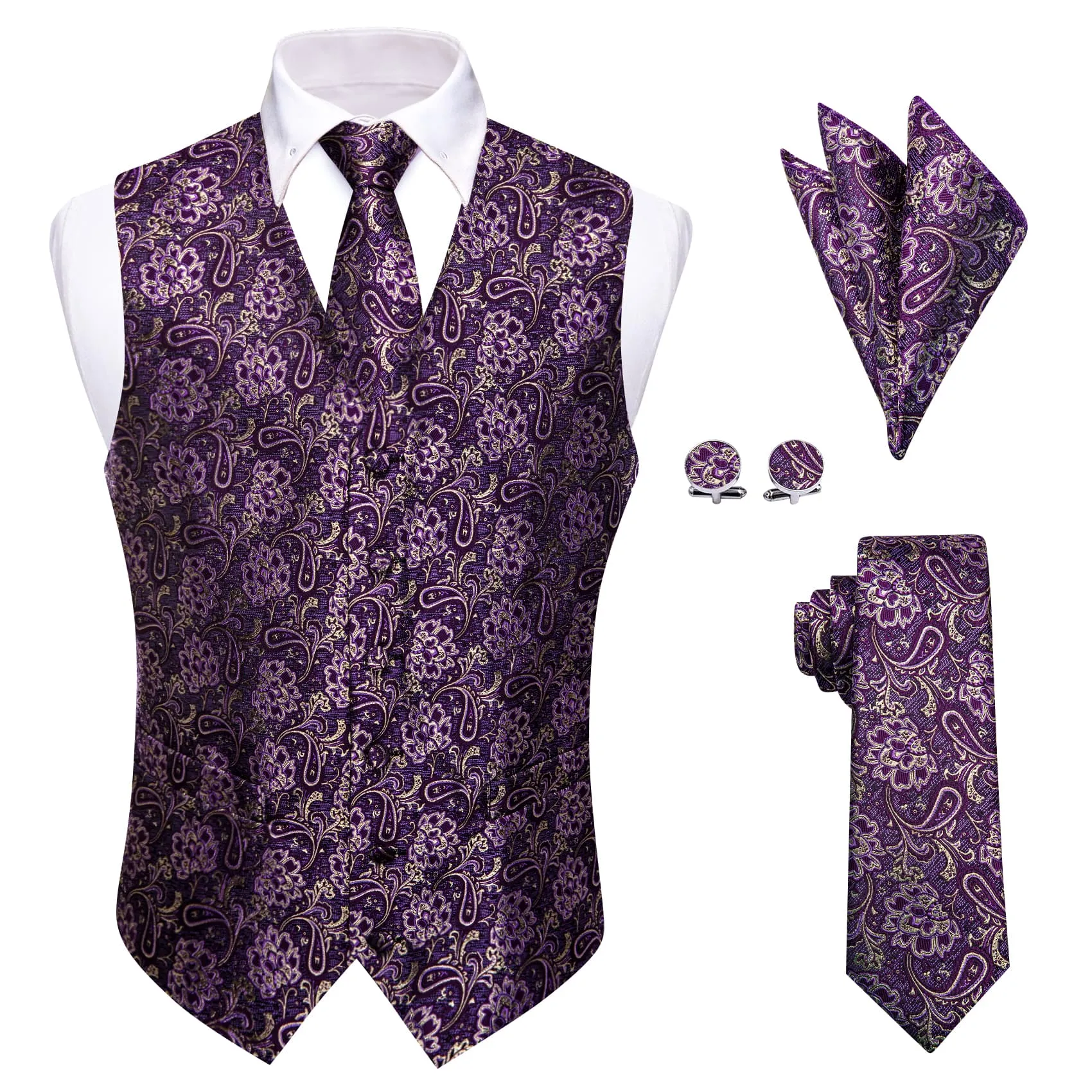 YourTies V-Neck Waistcoat Purple Beige Paisley Men's Vest Necktie Set