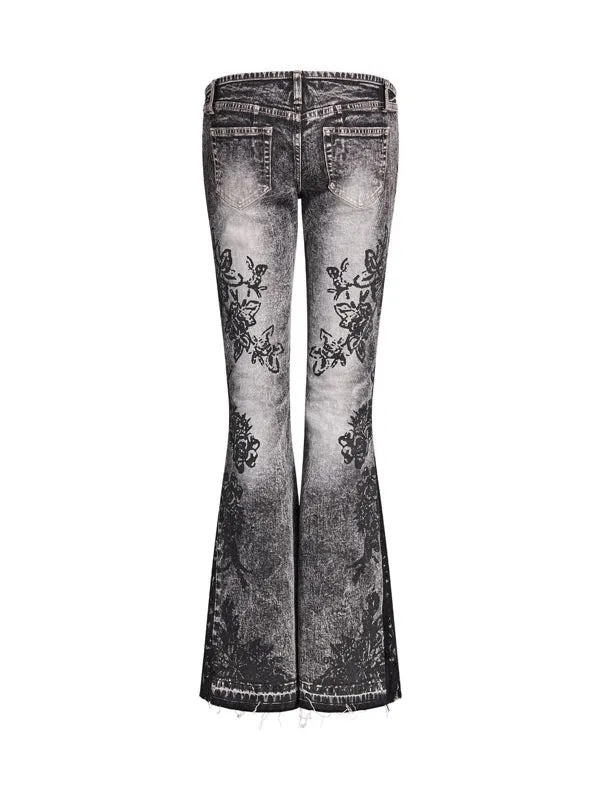 Zipper Floral Printed Flared Jeans