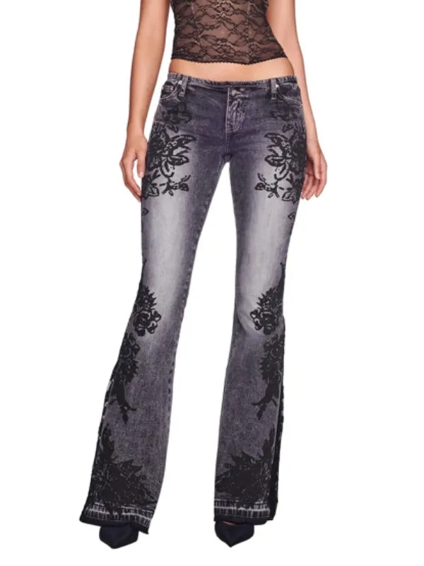 Zipper Floral Printed Flared Jeans